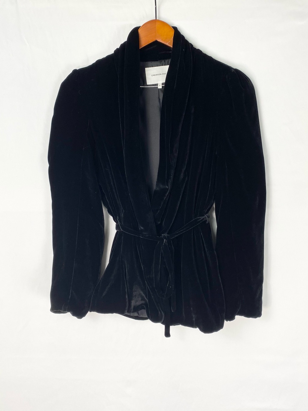 Emerson Fry Paris Jacket Black Silk Velvet Size Small Long Sleeve Wrap Tie